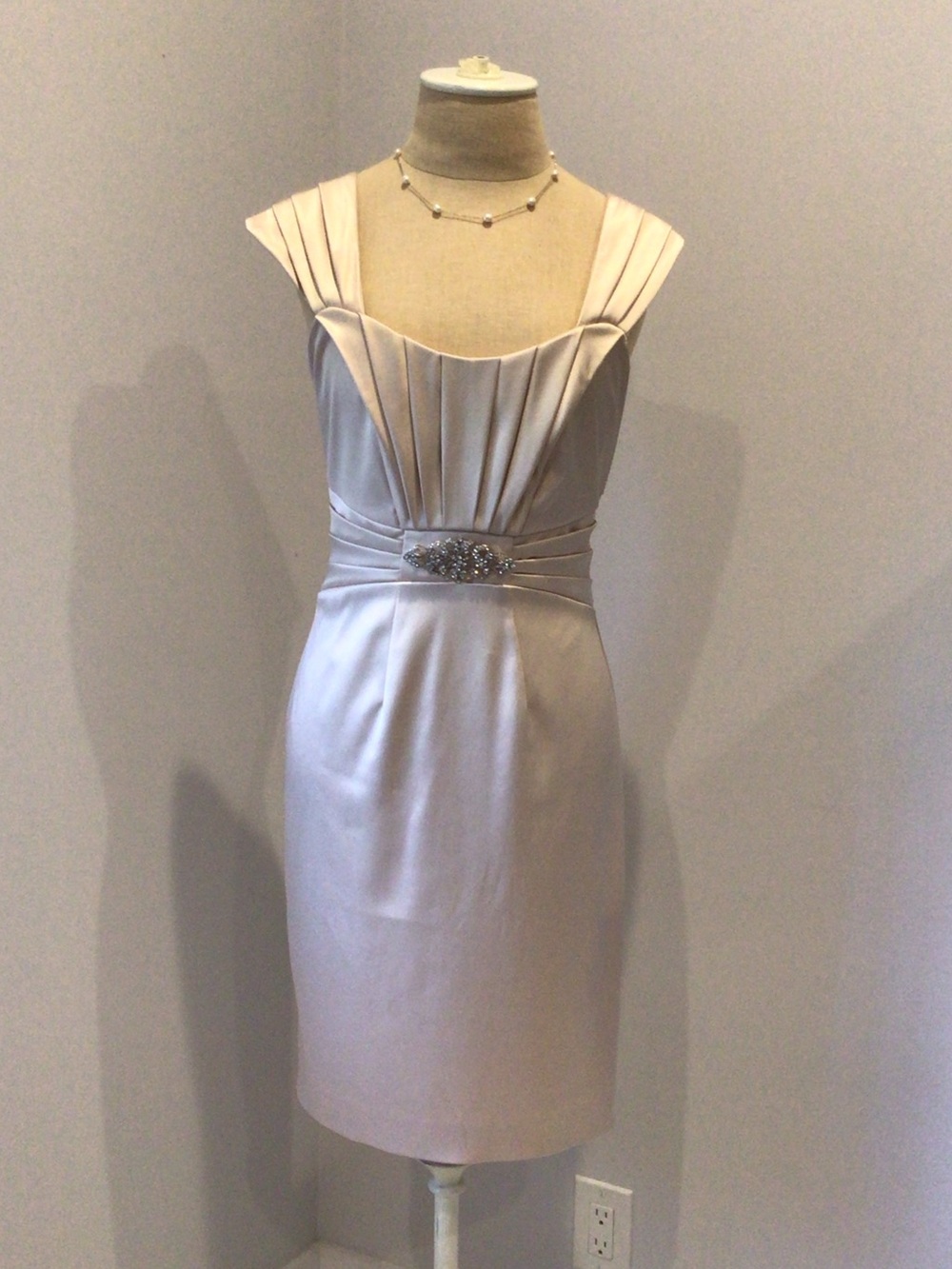 Satin Pleated Midi Dress with Embellished Waist - Light Blush
